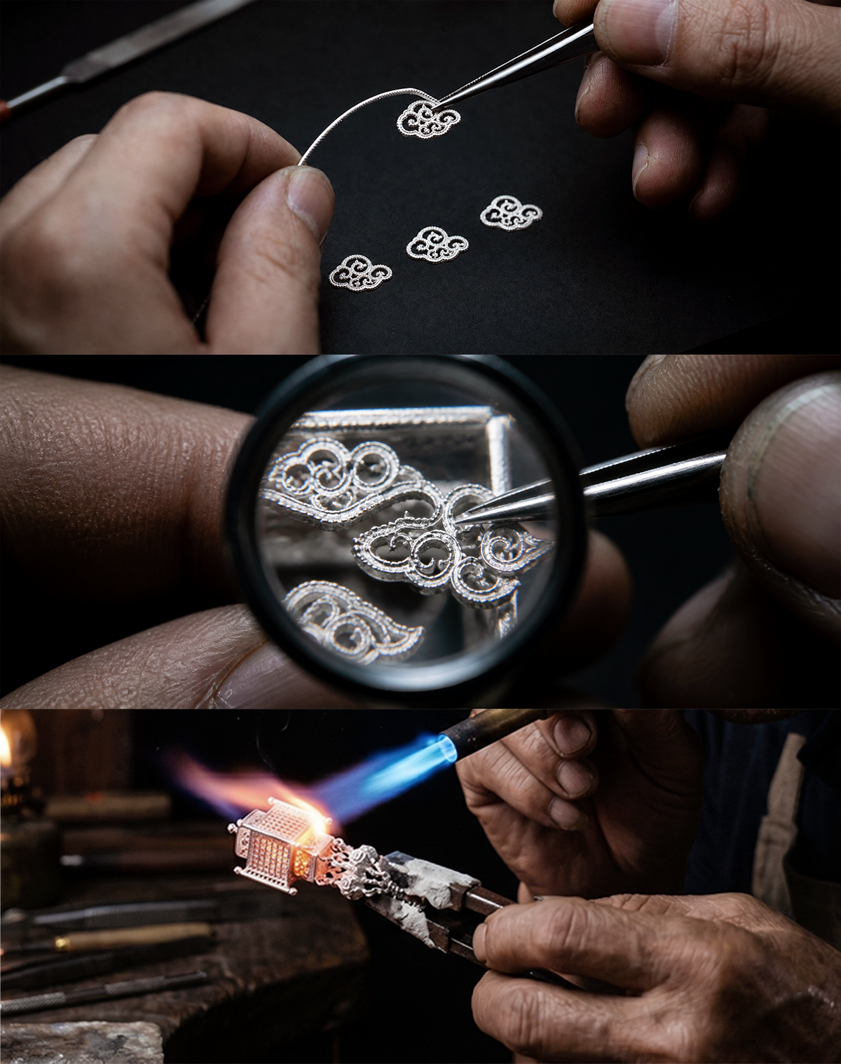 Artisan shaping, inspecting, and soldering silver filigree motifs by hand.