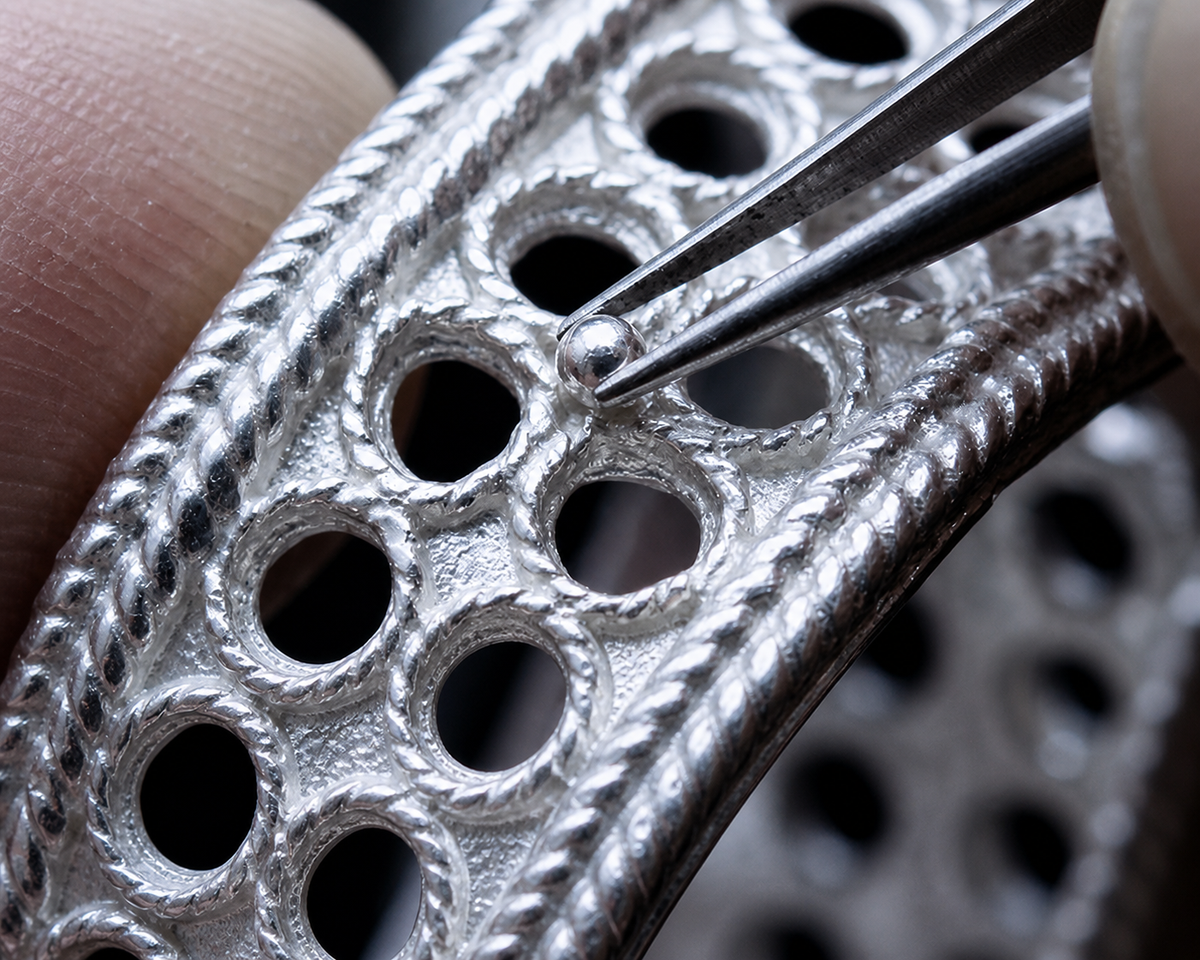 Artisan setting a polished silver bead into a handcrafted 999 silver filigree piece.