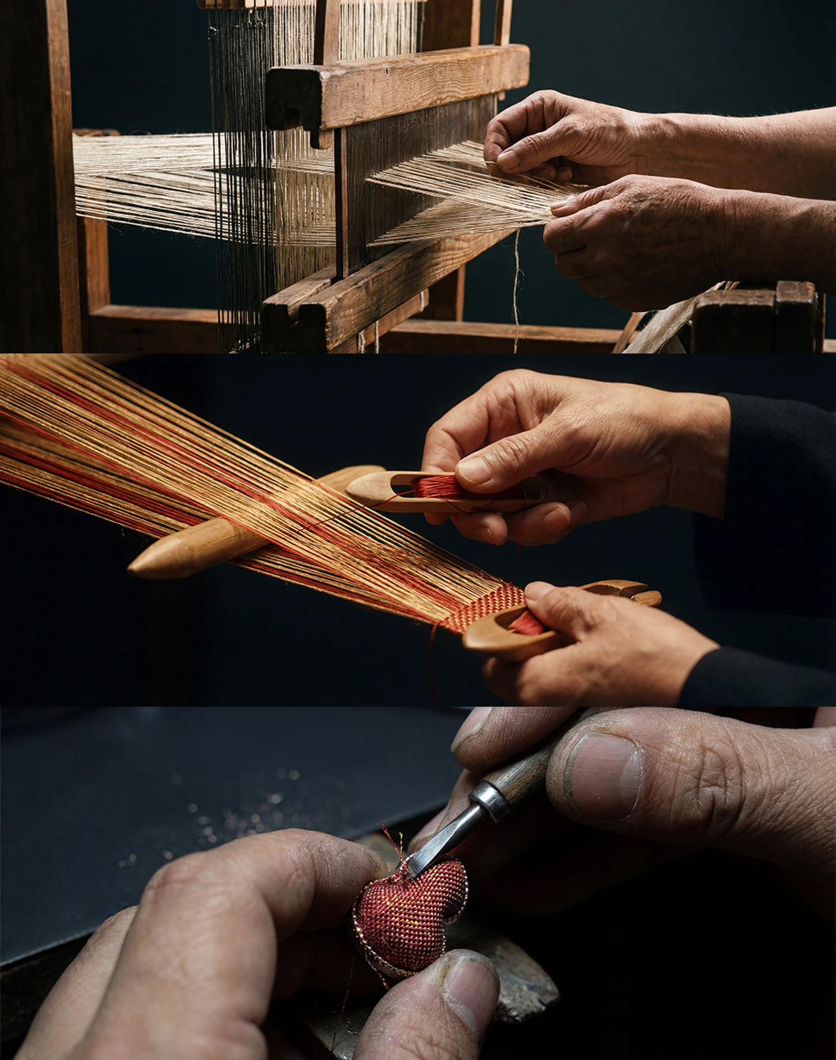 Artisans weaving kesi silk by hand on a loom.