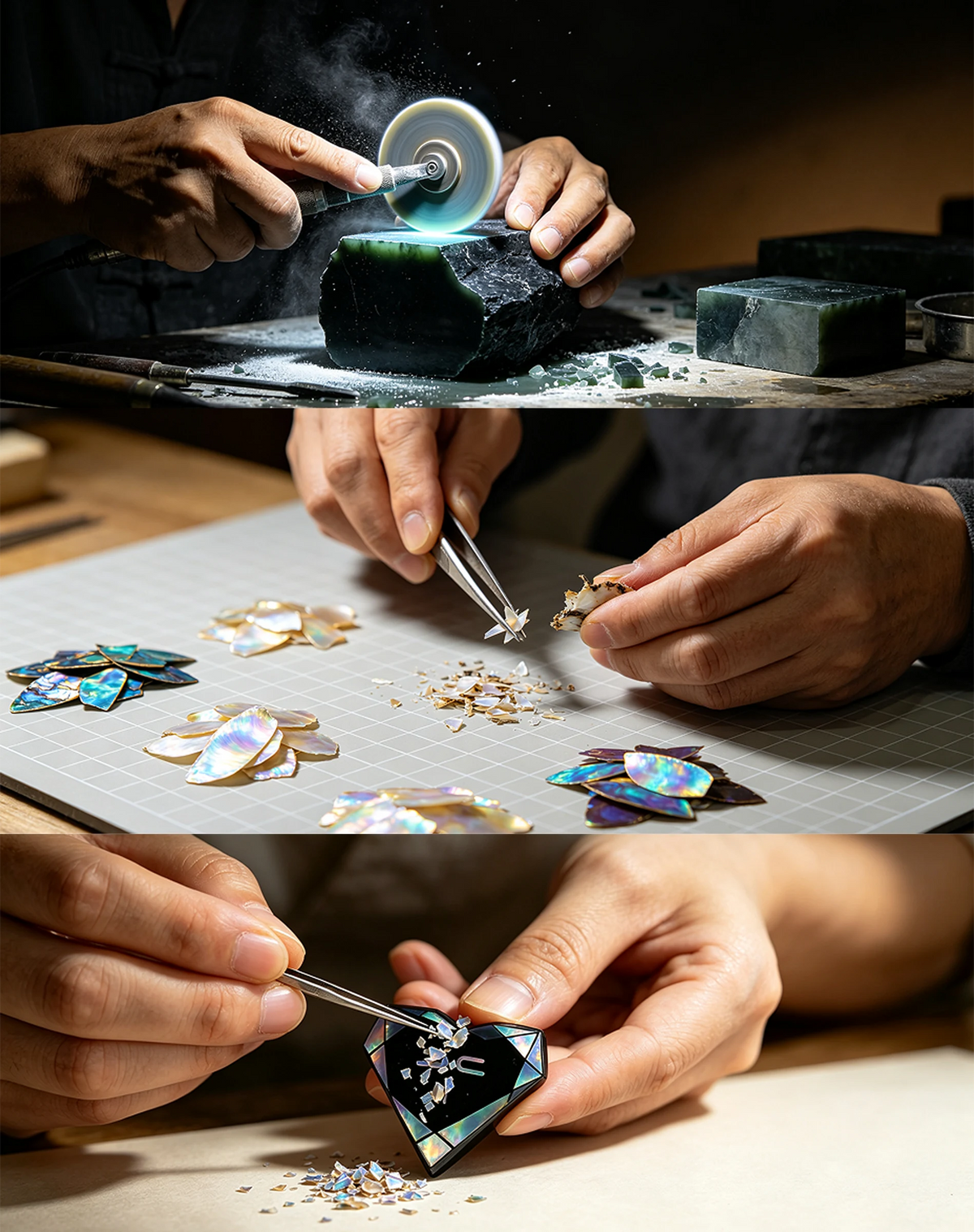 Artisans cutting, fitting, and polishing mother-of-pearl inlay by hand.